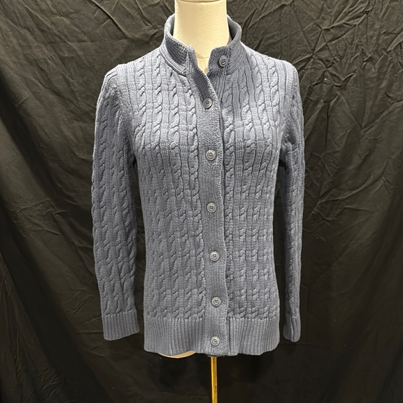 L.L. Bean Sweaters - L.L. Bean Blue Cable Knit Cardigan with Stand-Up Collar